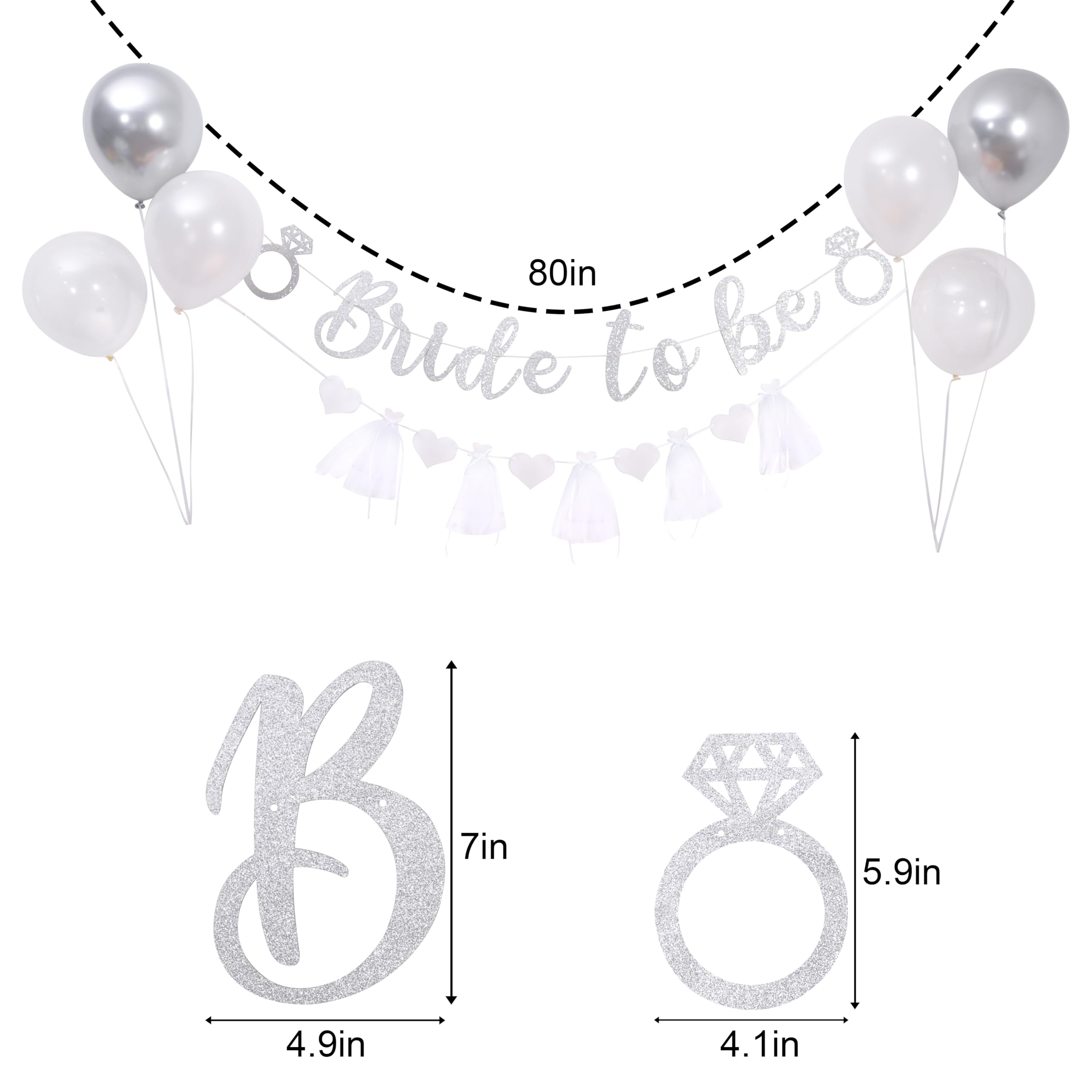 Silver Glitter Bride To Be Set,Bridal Shower Decorations,White Wedding Dress Heart Garland,Silver Balloon Decor,Bridal Wedding Party Hanging Garland,Bride To Be Wedding Love Banner Photo Props