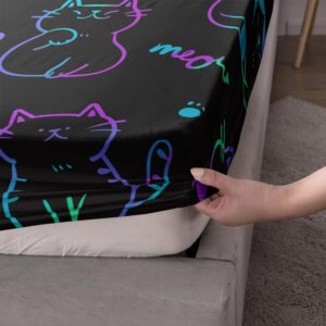 UEVBF 3D Neon Cat Sheets Twin Size Bed Set,Gradient Line Kawaii Cat Fitted Sheet Set for Teens Kids Boys Girls Room Decoration,Black Cute Bedding Fitted Sheet Set,1 Fitted Sheet+2 Pillowcases.