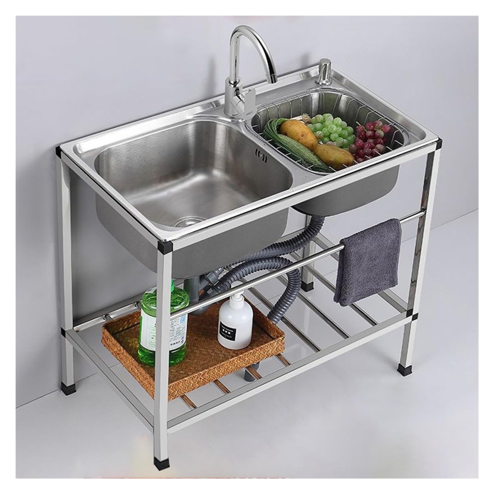 OMESDA Double Bowl Free Standing Utility Sink, Stainless Steel Sink for Washing with Faucet, Commercial Kitchen Sink with Support and Towel Bar