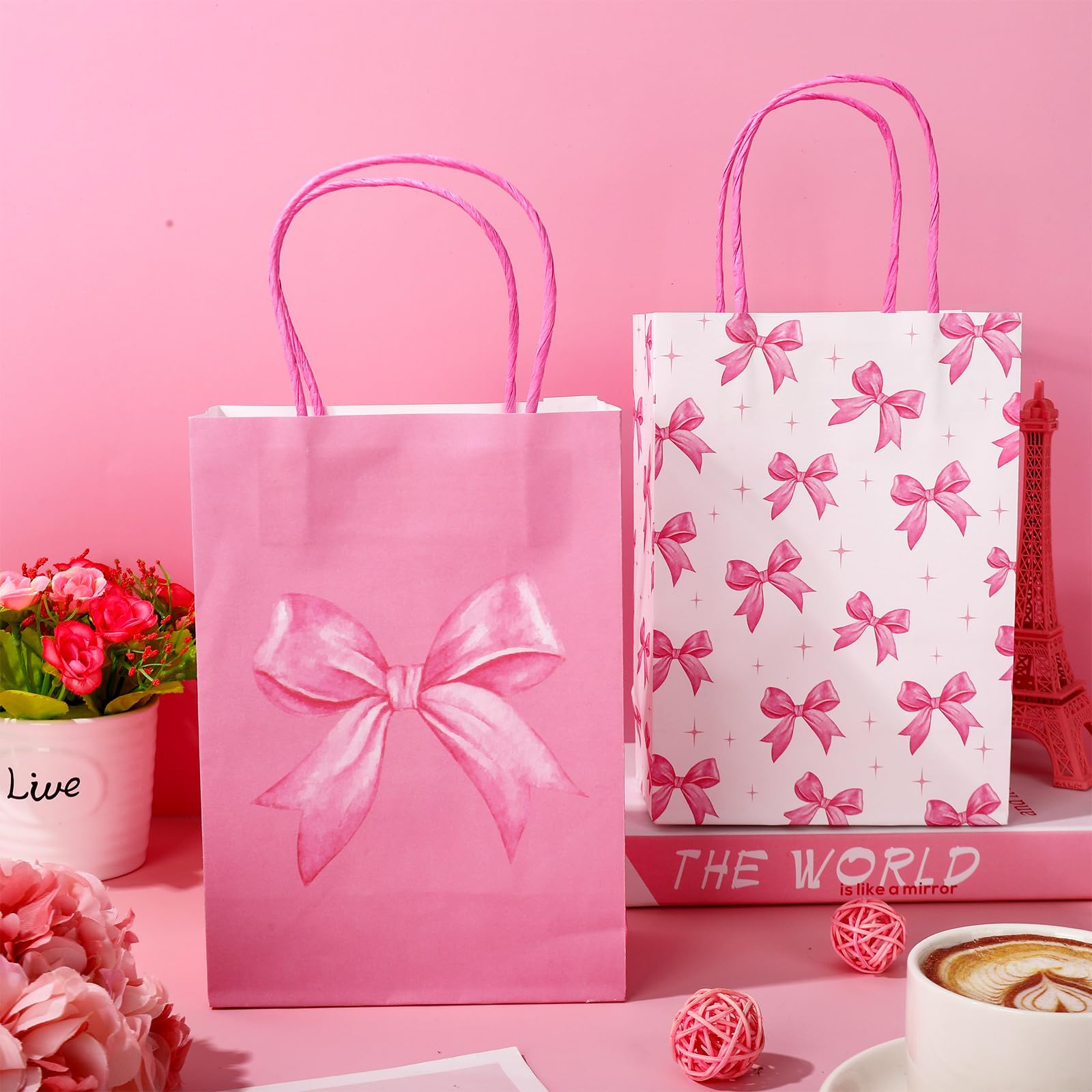 JarThenaAMCS 24Pcs Pink Bow Paper Gift Bags Cute Bow Knot Treat Bags with Handles Candy Goodie Bags Grocery Shopping Bags for Party Favor Supplies