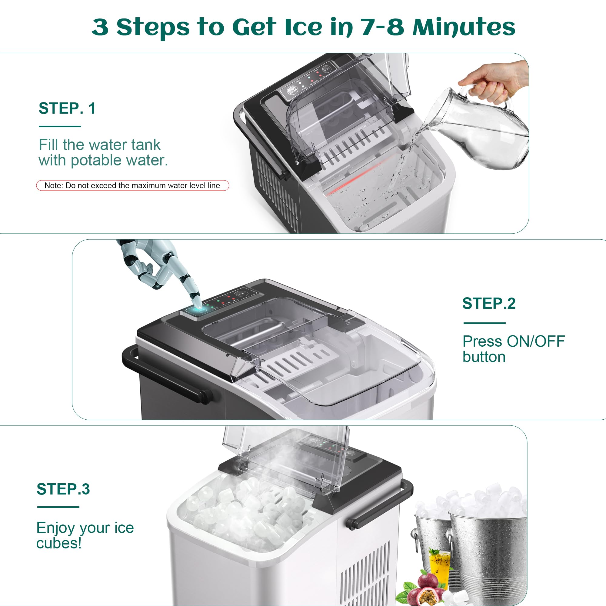 rosmena Bullet Ice Maker- 33 lb/24H Ice Machine, 9 Cubes in 7-8 Mins Ice Cube Maker with Self-Cleaning Function, Small Ice Maker Suitable for Home, Office, Kitchen, RV