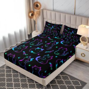 UEVBF 3D Neon Cat Sheets Twin Size Bed Set,Gradient Line Kawaii Cat Fitted Sheet Set for Teens Kids Boys Girls Room Decoration,Black Cute Bedding Fitted Sheet Set,1 Fitted Sheet+2 Pillowcases.