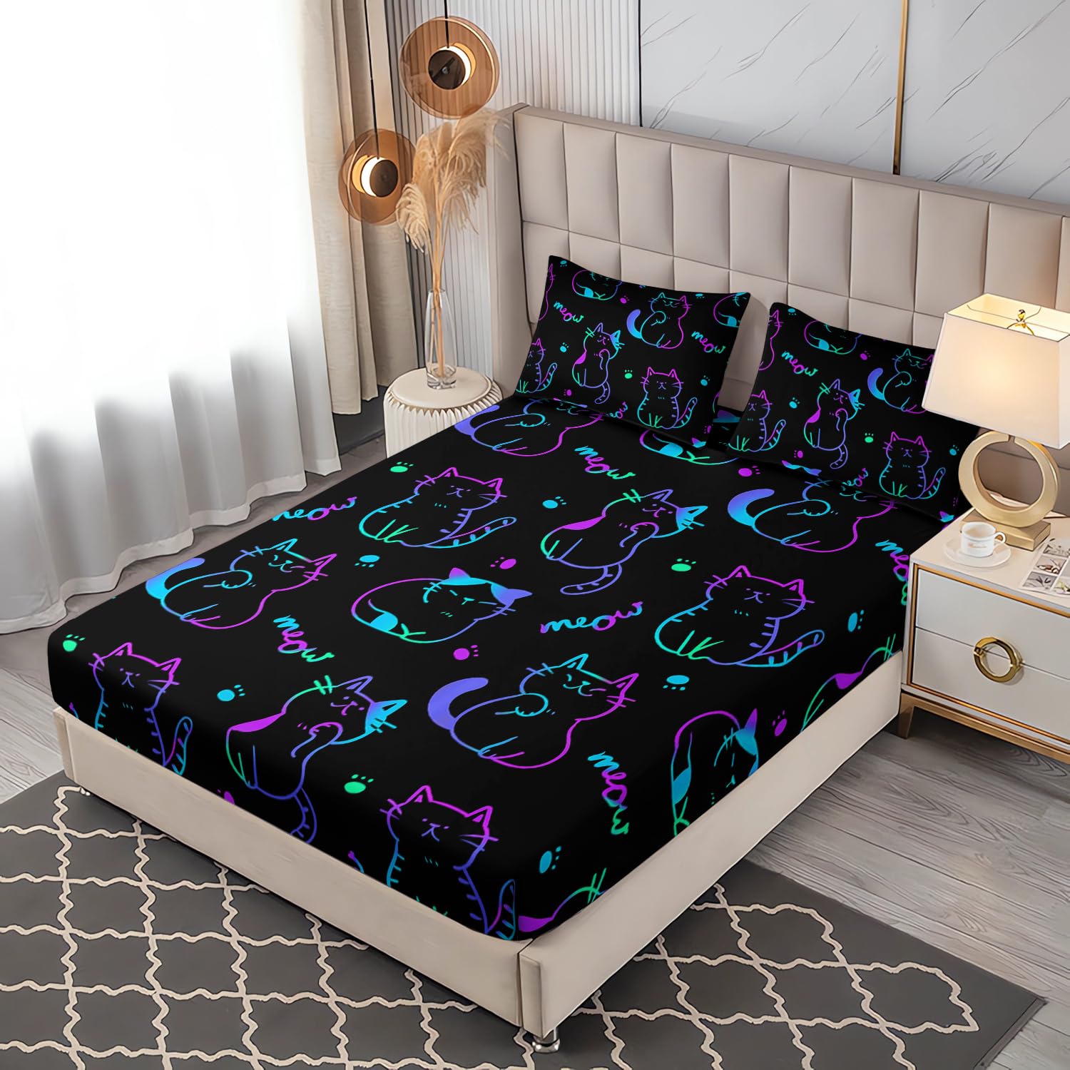 UEVBF 3D Neon Cat Sheets Twin Size Bed Set,Gradient Line Kawaii Cat Fitted Sheet Set for Teens Kids Boys Girls Room Decoration,Black Cute Bedding Fitted Sheet Set,1 Fitted Sheet+2 Pillowcases.