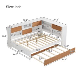 MERITLINE FullDaybed with Trundle, L-Shaped Bed Frame, Wood Platform Bed with LED Lights & USB Ports, Full Corner Bed with Trundle and Storage for Kids Teens Boys Girls, Walnut and White