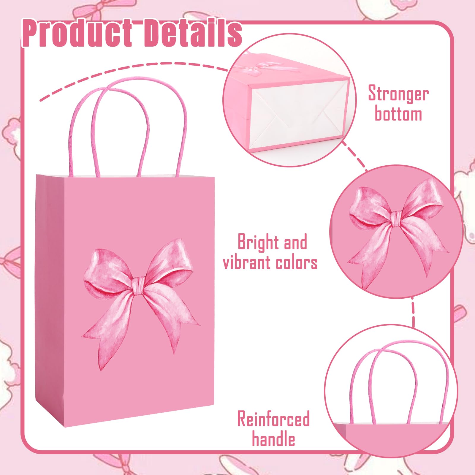 JarThenaAMCS 24Pcs Pink Bow Paper Gift Bags Cute Bow Knot Treat Bags with Handles Candy Goodie Bags Grocery Shopping Bags for Party Favor Supplies