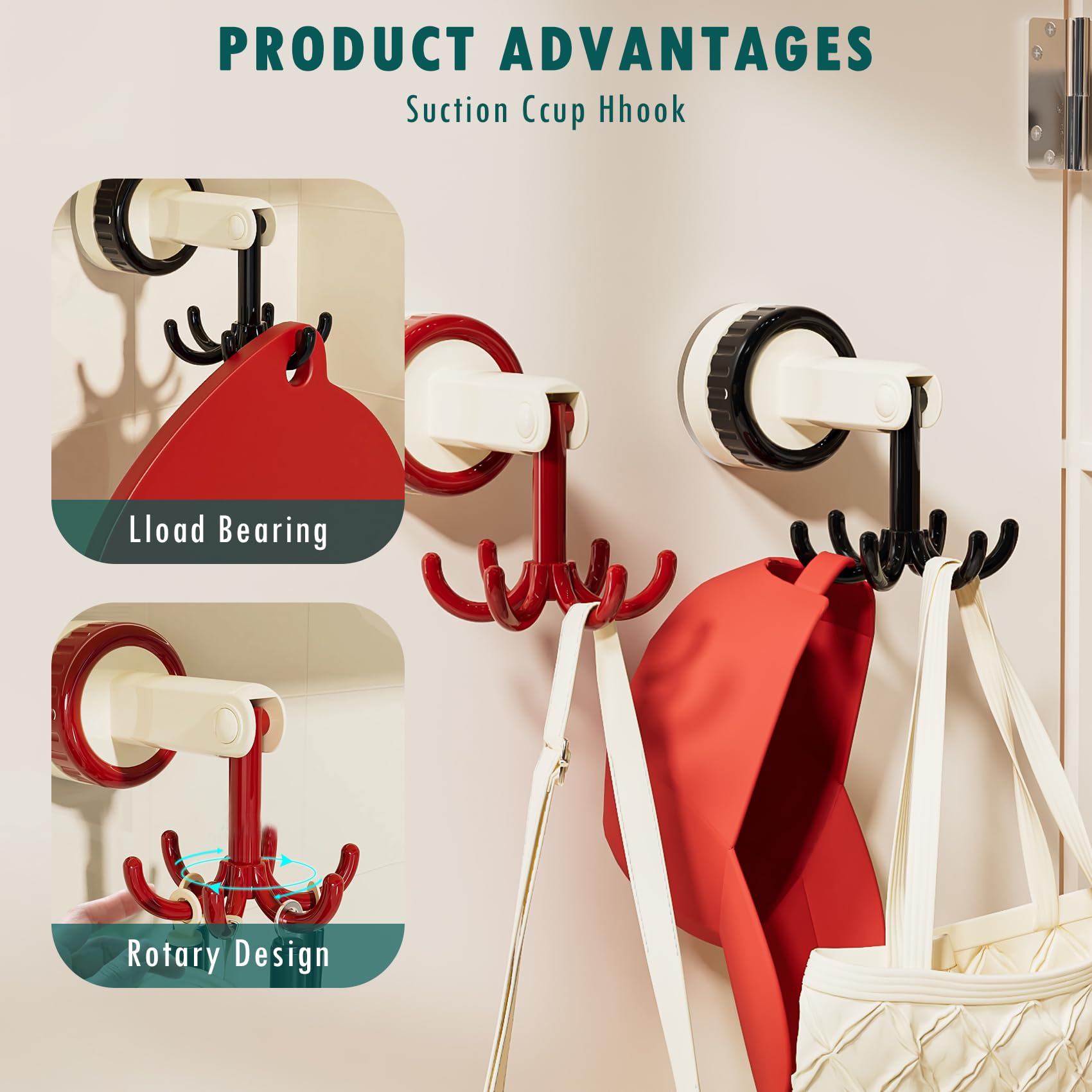 360 Degrees Rotating Folding Hook, 3 Pcs Suction Cup Multi-Claw Hook, Self-Adhesive Suction Cup Hooks Rotating Kitchen Utensil Holder, Multi-Purpose Kitchen Utensil Hanger with 6 Hooks (Black)