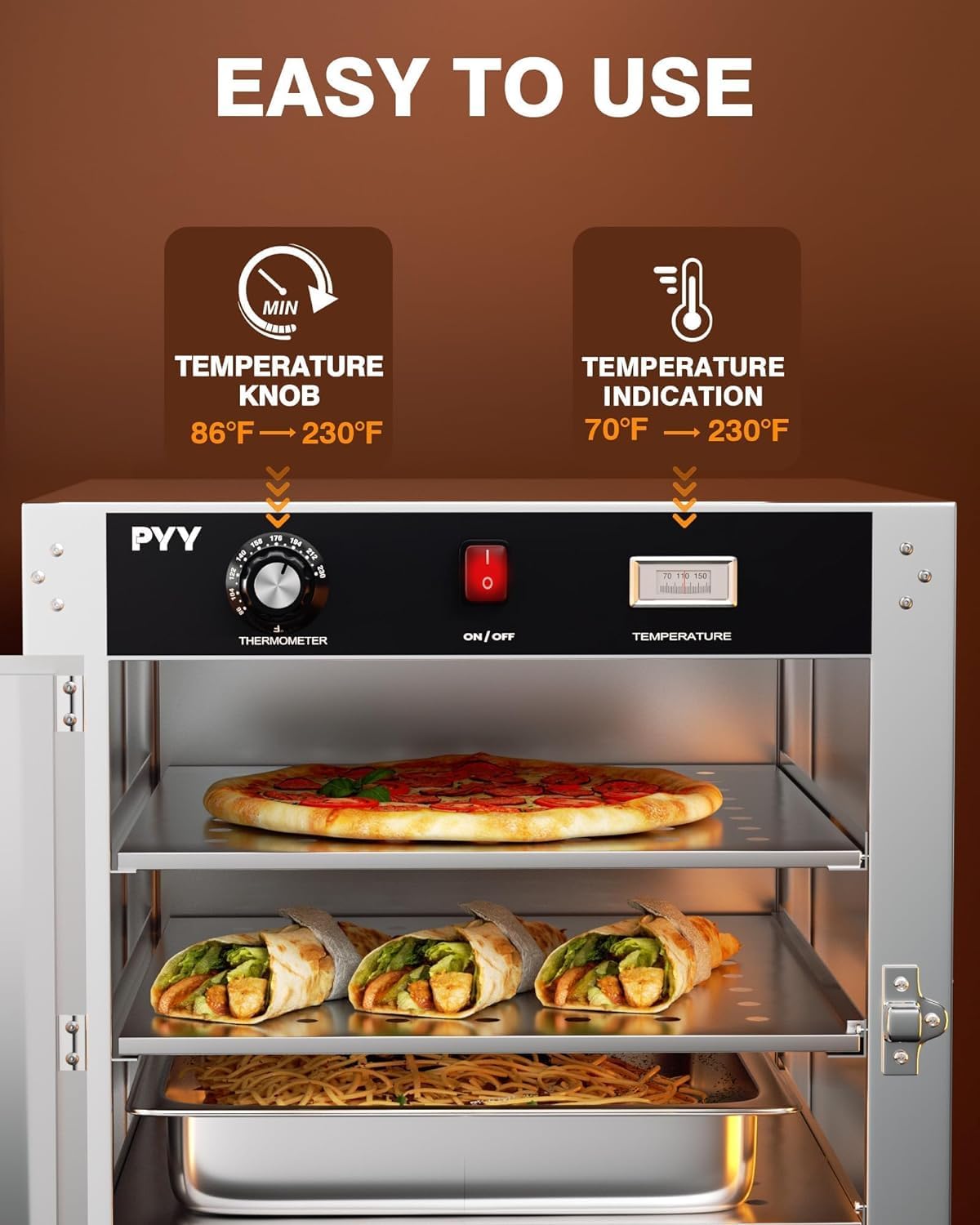 PYY Warming Cabinet 4 Tier 19x19x24 Hot Box Food Warmer for Catering, Countertop Heated Holding Cabinet, Stainless Steel Food Heater Insulated Food Pan Carrier, for Commercial, Kitchen 120V 750W