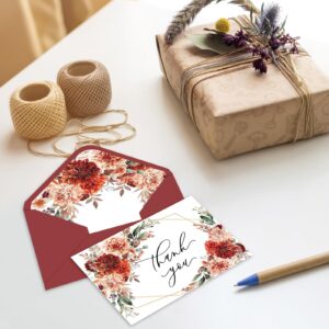 Whaline 24Pcs Watercolor Floral Thank You Cards with Envelopes and Stickers Boho Floral Greeting Cards Red Terracotta Flower Blank Note Cards for Party Supplies