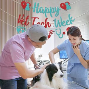 Happy Vet Tech Week Banner - Veterinary Technician Appreciation Decorations, Happy Veterinary Technician Appreciation Banner, Vet Hospital Staff Party Decorations Red & Blue Glitter