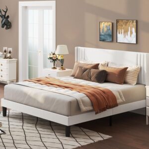 gizoon full bed frame with wingback headboard, upholstered platform bed with modern geometric headboard, wooden slats, noise-free, no box spring needed