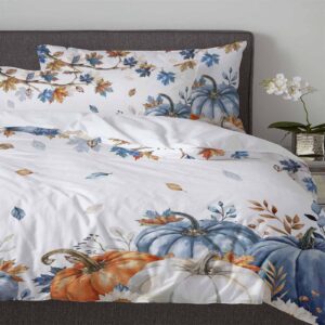 Fall Navy Blue Pumpkins 3 Pieces Bedding Set Cal. King Size, Thanksgiving Maple Leaves Soft Duvet Cover Set Comforter Cover Set with Zipper Closure&Corner Ties All-Season Breathable Bedding Set