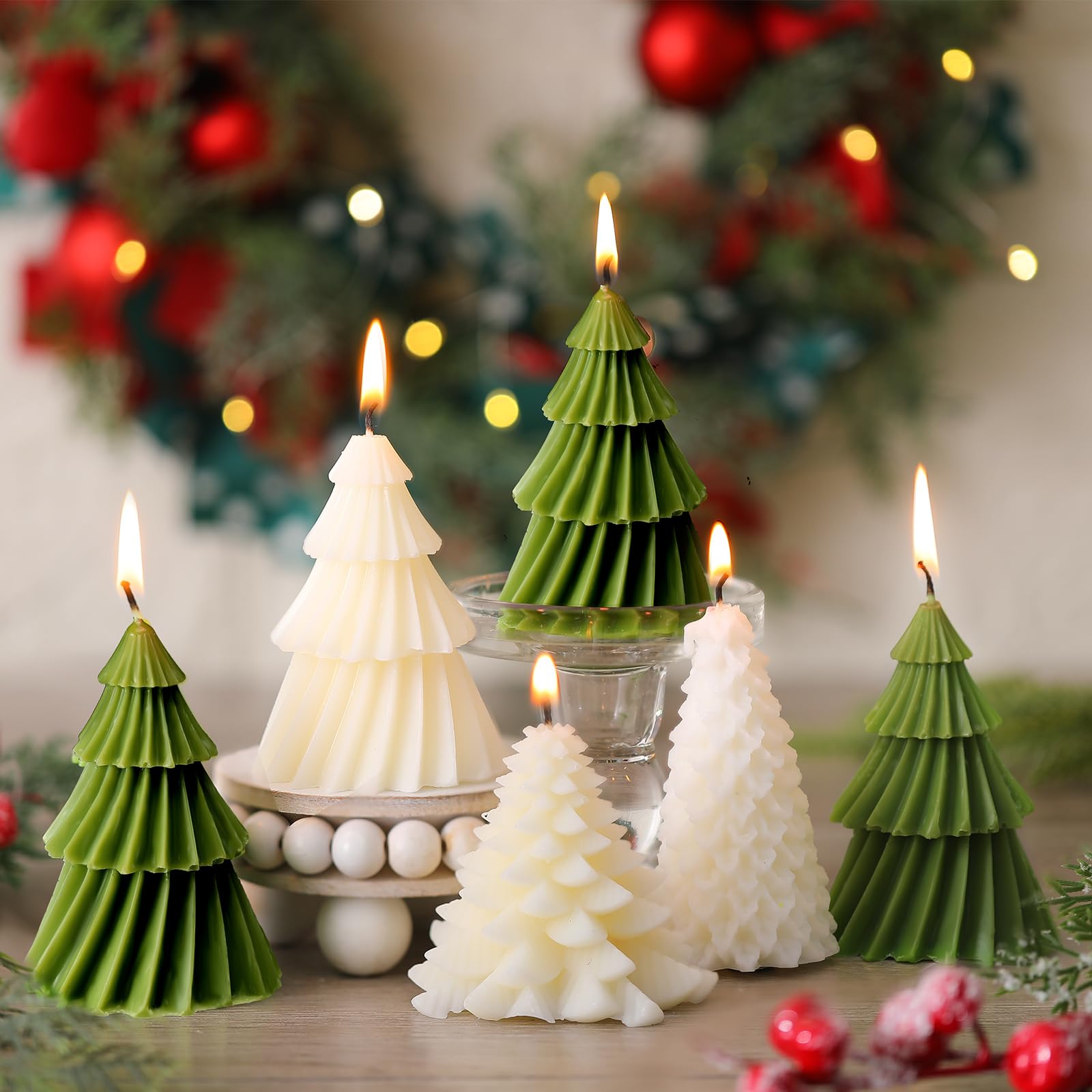 Conelist 6 pcs Christmas Tree Shaped Candles Xmas Wax Scented Candles 3.7 Inch Decorative Christmas Tree Candles Gifts for Xmas Eve Winter Holiday Party New Year Bedroom Room Table Decor, 4 Styles