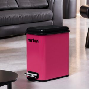 mrbin small metal bathroom trash can with black lid, slim 5l/1.6 gal waste basket for bedroom, touchless garbage bin with stainless steel pedal for narrow kitchen, office retro decor, berry pink