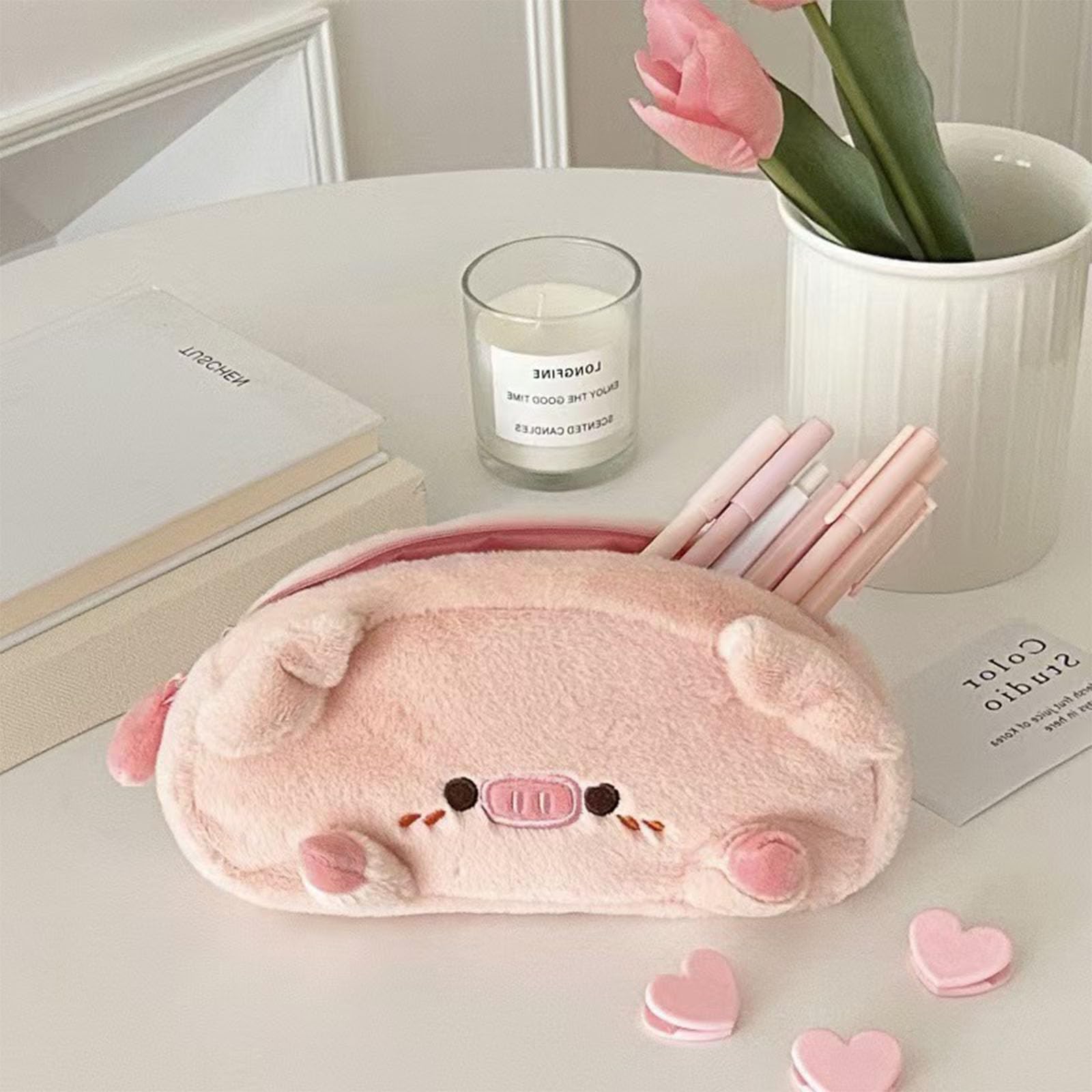 Shark Pencil Case,Animal Pencil Case,Plush Animal Stationery Pouch,Shark Pouch,Shark Bird Zipper Organizer Storage Bag Box, Large Capacity Pencil Case-05 Pink Pig