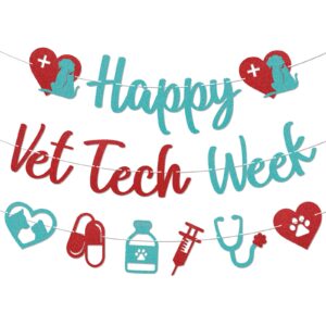 happy vet tech week banner - veterinary technician appreciation decorations, happy veterinary technician appreciation banner, vet hospital staff party decorations red & blue glitter