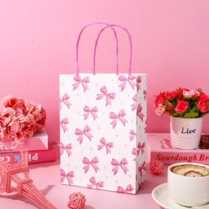 JarThenaAMCS 24Pcs Pink Bow Paper Gift Bags Cute Bow Knot Treat Bags with Handles Candy Goodie Bags Grocery Shopping Bags for Party Favor Supplies