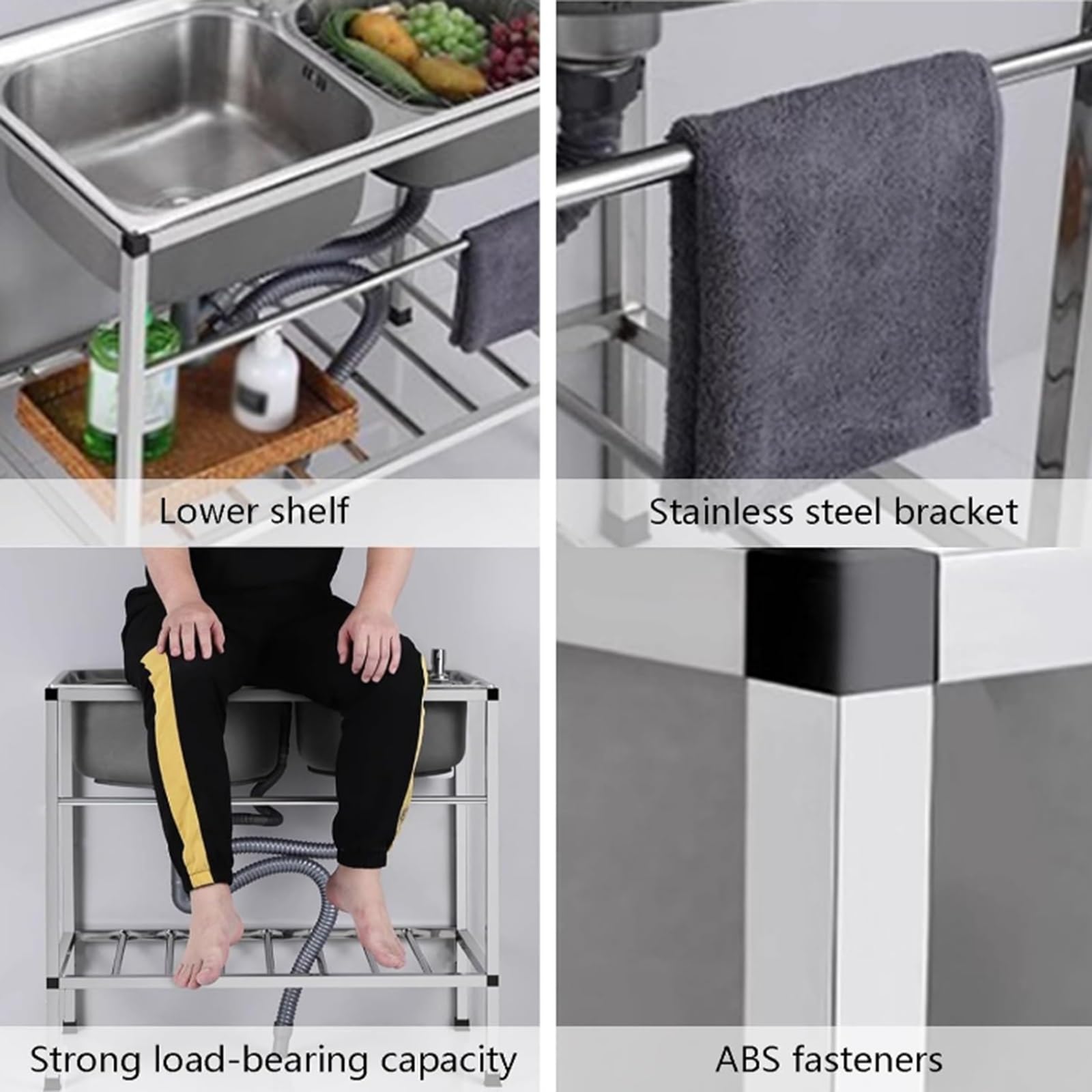 OMESDA Double Bowl Free Standing Utility Sink, Stainless Steel Sink for Washing with Faucet, Commercial Kitchen Sink with Support and Towel Bar