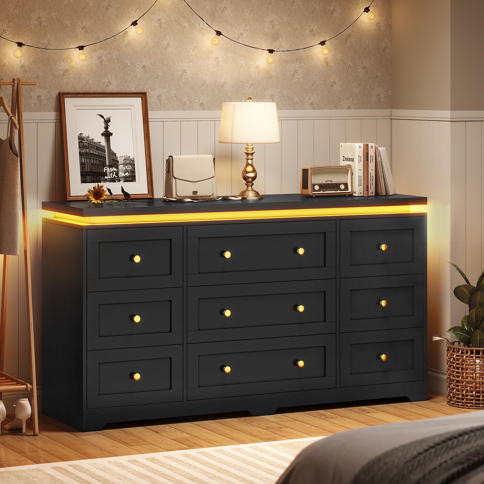 AOGLLATI Long Dresser for Bedroom, 55” Black 9 Drawer Dresser with Led Lights, Modern Large Wood Chest of Drawers, Led Wide Bedroom Dresser with Top Floating Design for Bedroom Hallway,Black