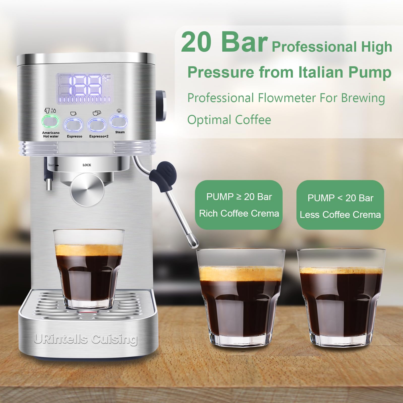 URintells Cuising Espresso Machine, 20 Bar LED Display Espresso Maker with Steam Milk Frother for Americano Cappuccino Latte, Espresso Coffee Machines with ESE Pod Filter, Gift for Dad Mom