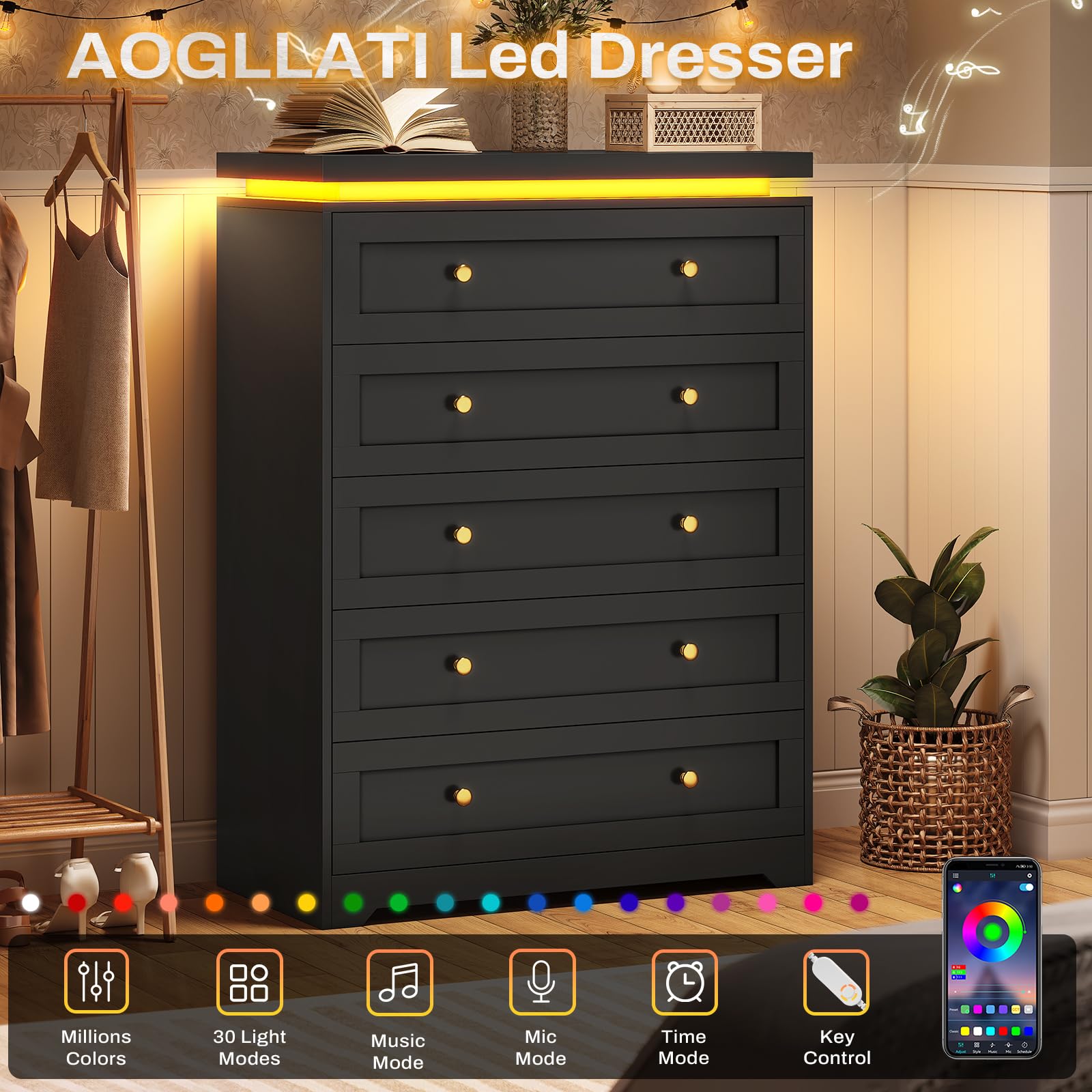 AOGLLATI Black Dresser for Bedroom,5 Drawer Dresser with Led Lights,Modern Led Tall Bedroom Dresser with Top Floating Design for Bedroom Hallway,Black