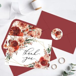 Whaline 24Pcs Watercolor Floral Thank You Cards with Envelopes and Stickers Boho Floral Greeting Cards Red Terracotta Flower Blank Note Cards for Party Supplies