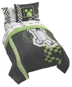 jay franco minecraft creeper full size comforter set - 7 piece bedding includes sheet set & pillow covers - super soft green & gray kids bedding