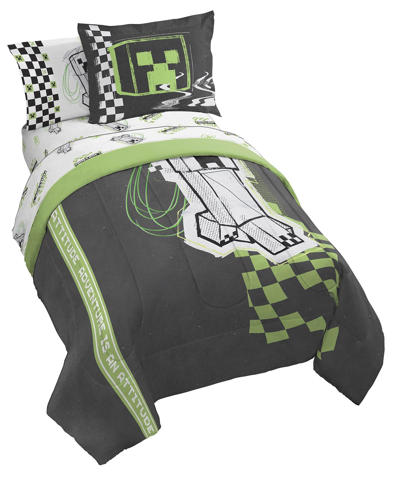 Jay Franco Minecraft Creeper Full Size Comforter Set - 7 Piece Bedding Includes Sheet Set & Pillow Covers - Super Soft Green & Gray Kids Bedding