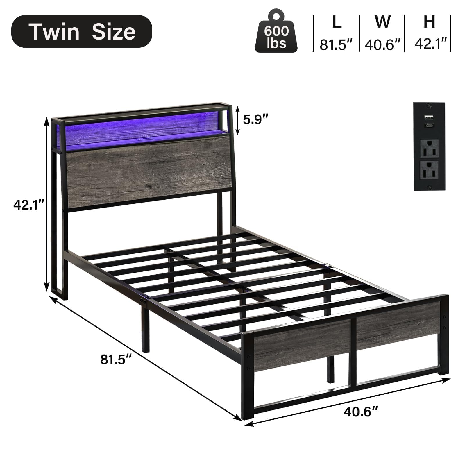 CHABUILDREARK Twin Bed Frame with LED Lights, Metal Platform Bed with Ergonomic Storage Headboard and Charging Station, Kids Twin Bed Frame, No Box Spring Needed, Easy Assembly, Grey