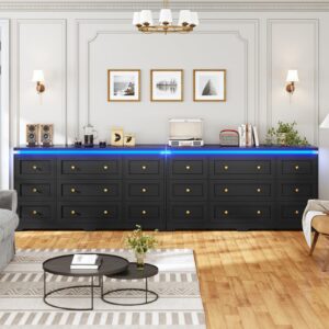 AOGLLATI Long Dresser for Bedroom, 55” Black 9 Drawer Dresser with Led Lights, Modern Large Wood Chest of Drawers, Led Wide Bedroom Dresser with Top Floating Design for Bedroom Hallway,Black