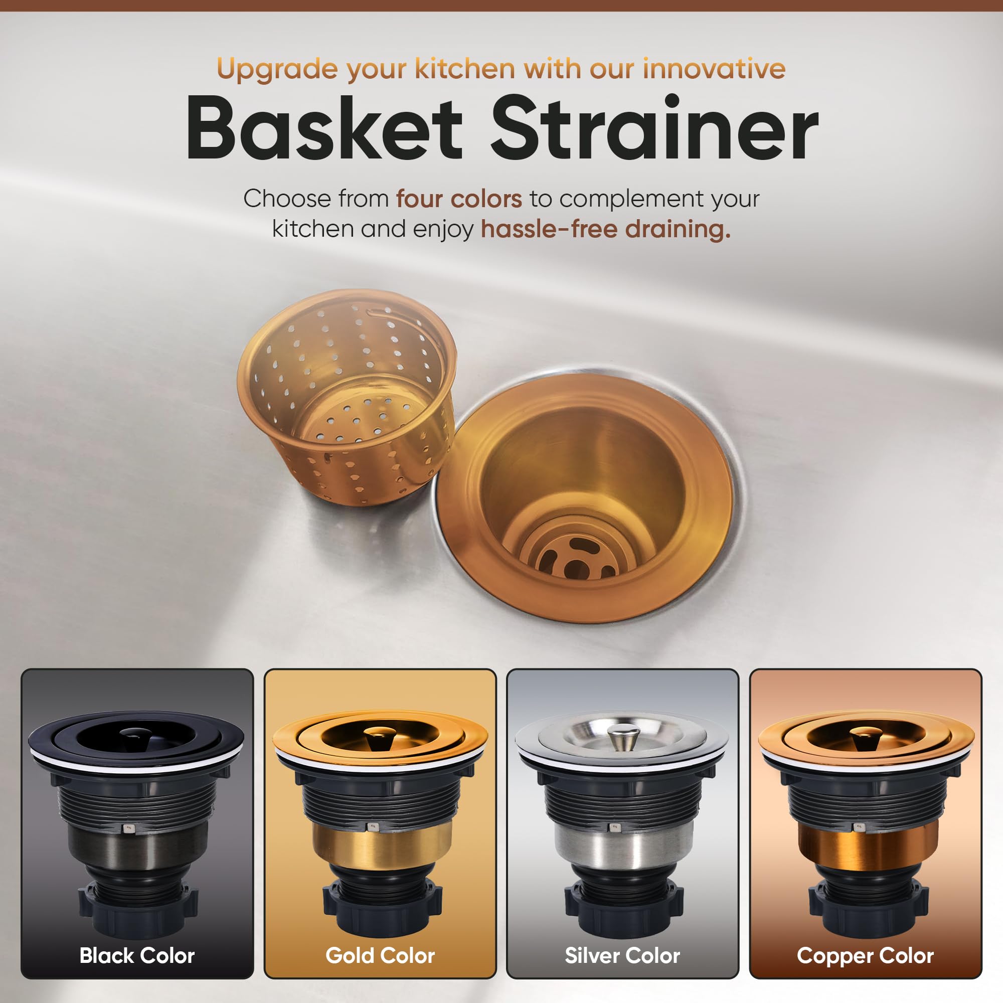 Strictly Sinks Sink Drain Strainer with Removable Basket - 3-1/2 Inch Stainless Steel Round Kitchen Sink Drain Assembly Kit with Deep Strainer Basket & Stopper (Copper)