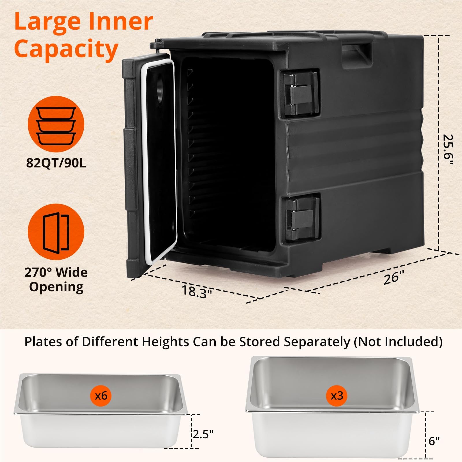 GarveeTech Insulated Food Pan Carrier - 82 Qt Hot Box for Catering, Orienteering Wheel, Lldpe Food Box Heater with Double Buckles, Large Inner Capacity for Restaurant, Canteen, Black