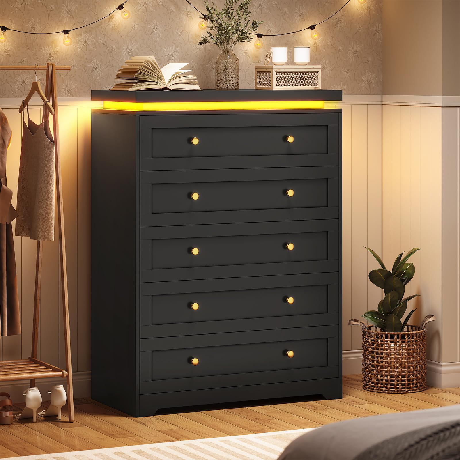 AOGLLATI Black Dresser for Bedroom,5 Drawer Dresser with Led Lights,Modern Led Tall Bedroom Dresser with Top Floating Design for Bedroom Hallway,Black