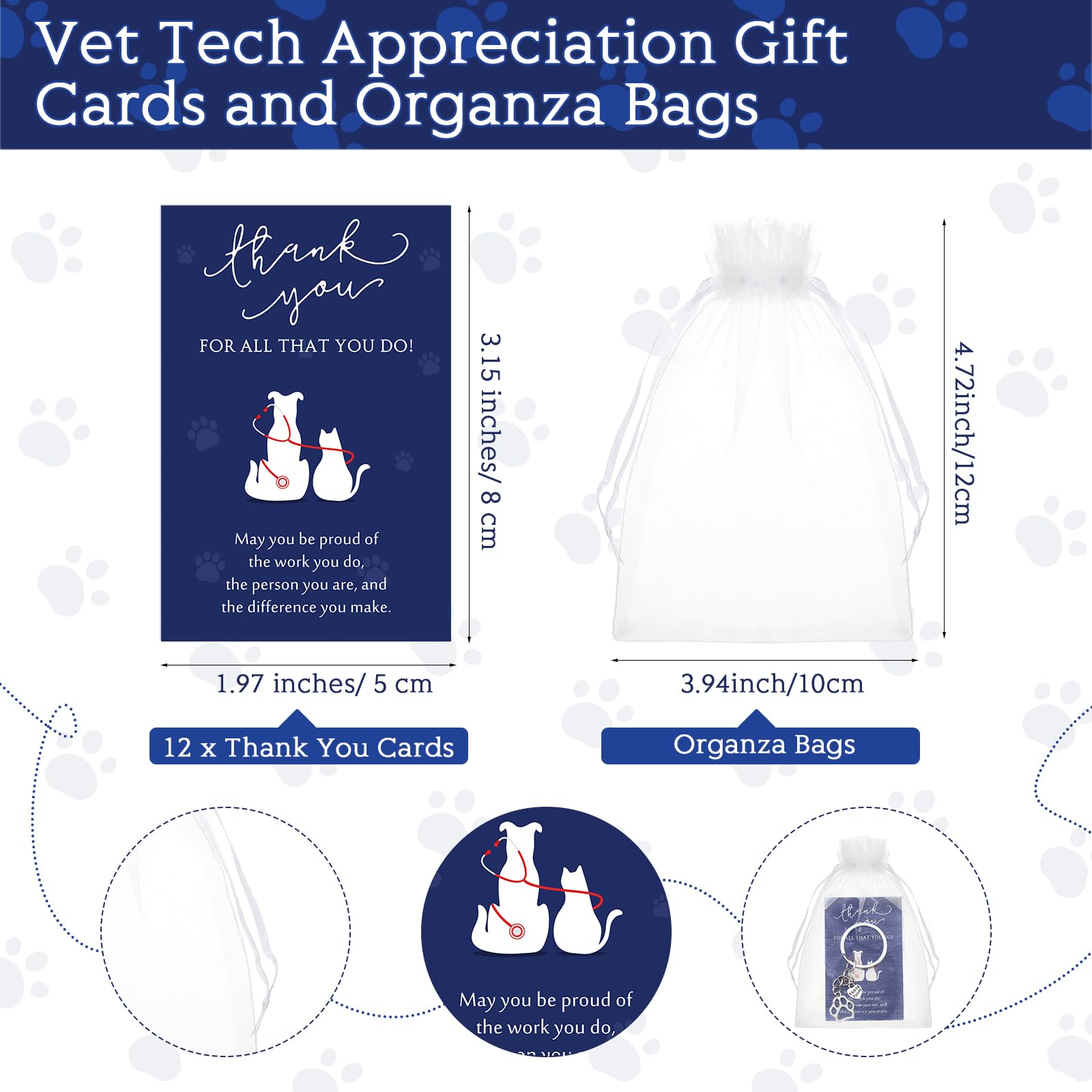 XunYee 12 Sets Christmas Vet Med Tech Gifts Veterinarian Thank You Paw Keychain with Cards Appreciation Gifts for Veterinary Medicine