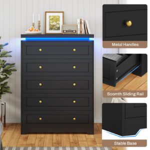 AOGLLATI Black Dresser for Bedroom,5 Drawer Dresser with Led Lights,Modern Led Tall Bedroom Dresser with Top Floating Design for Bedroom Hallway,Black