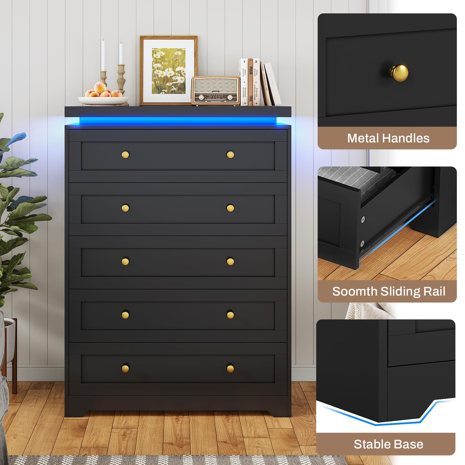 AOGLLATI Black Dresser for Bedroom,5 Drawer Dresser with Led Lights,Modern Led Tall Bedroom Dresser with Top Floating Design for Bedroom Hallway,Black