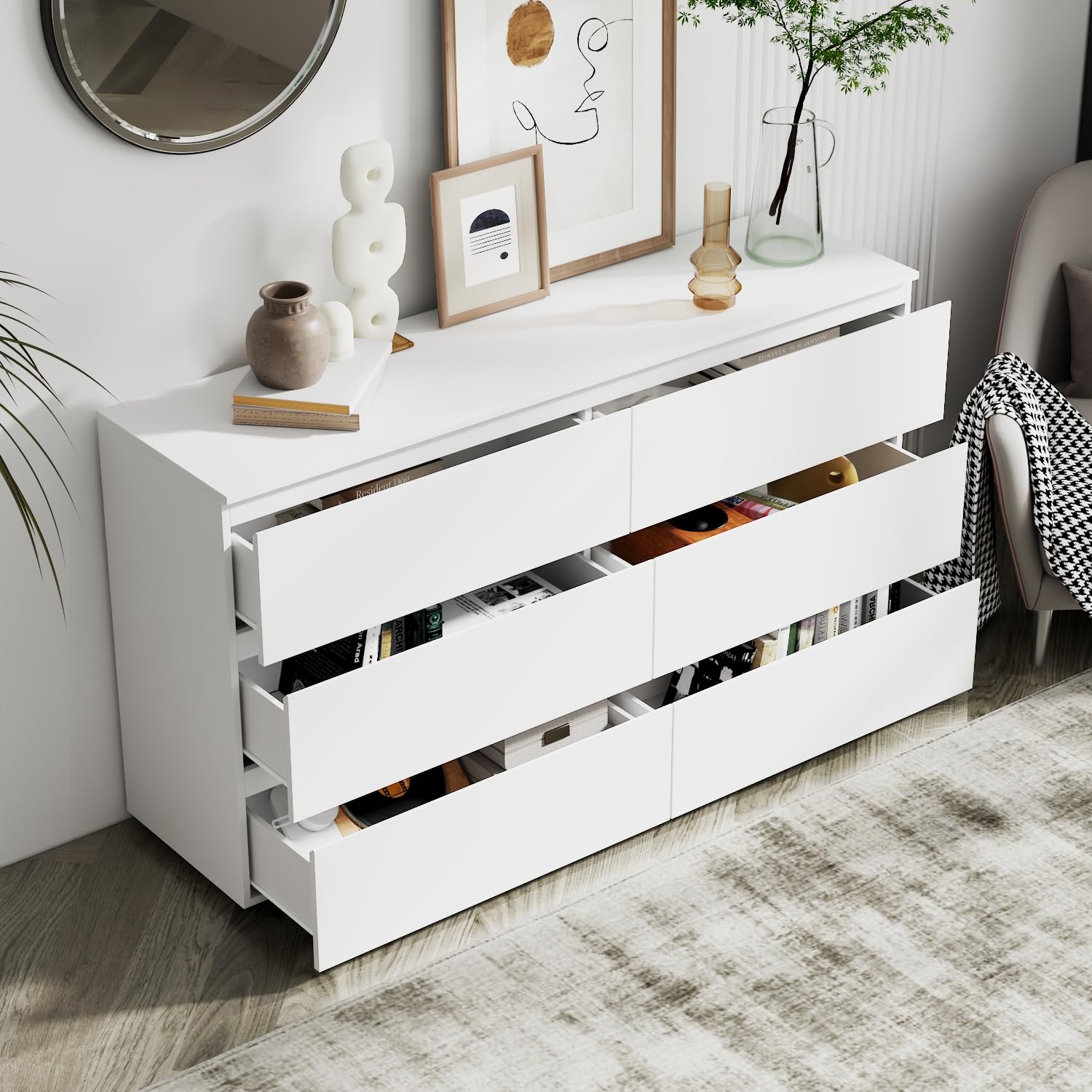 AIEGLE 6 Drawer Dresser for Bedroom, White Handle-Free Dresser Chest with Pop-Out Drawers, Wood Storage Chest of Drawers for Bedroom Organize (59" W x 15.7" D x 32.3" H)