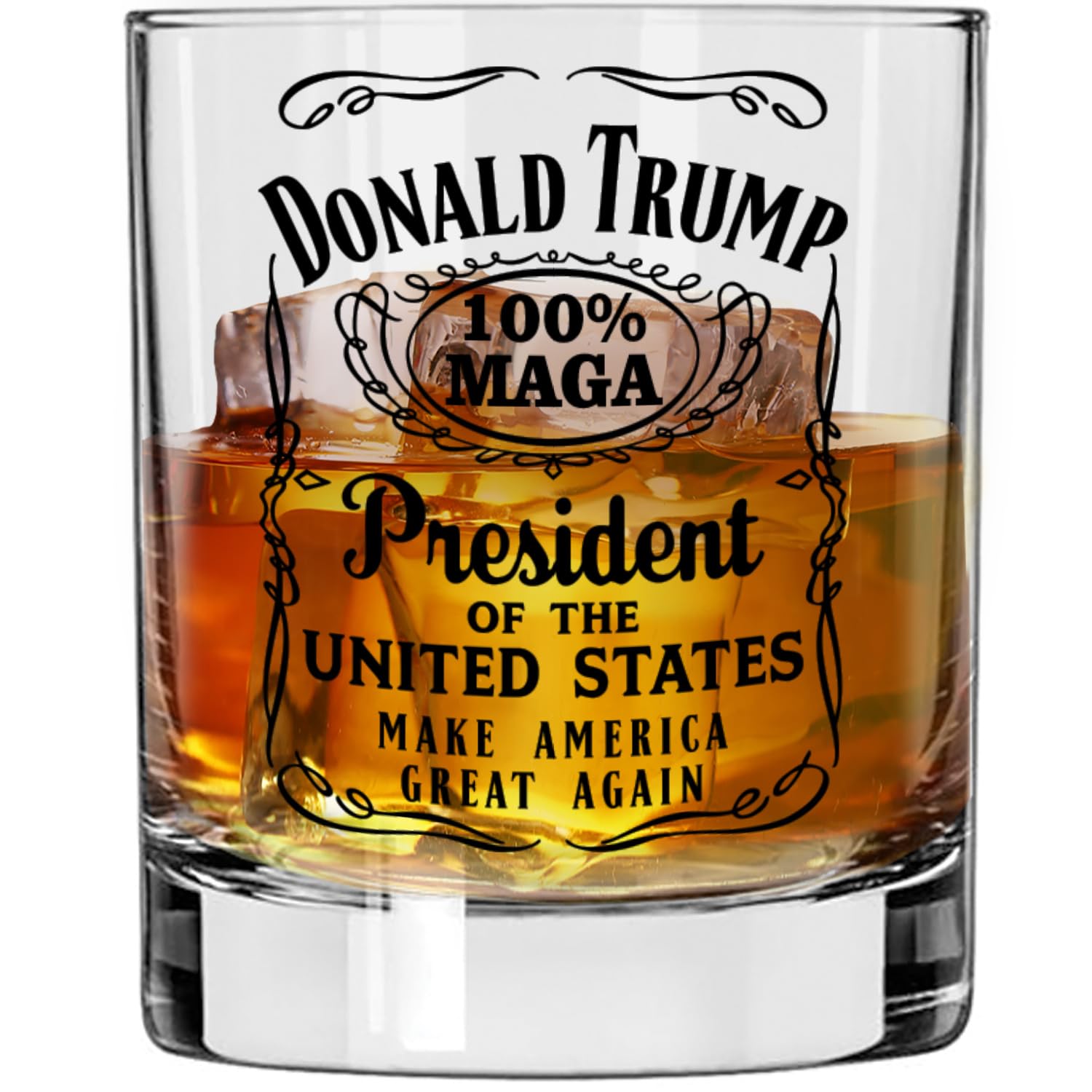 Patriots Cave - Donald Trump Whiskey Label 100% MAGA 10.5 oz Whiskey Glass for Dad, Gift for Husband, Stepfather Gift Idea, Unique Gifts for Men, Trump Stuff, Maga Merch