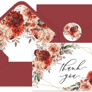 Whaline 24Pcs Watercolor Floral Thank You Cards with Envelopes and Stickers Boho Floral Greeting Cards Red Terracotta Flower Blank Note Cards for Party Supplies