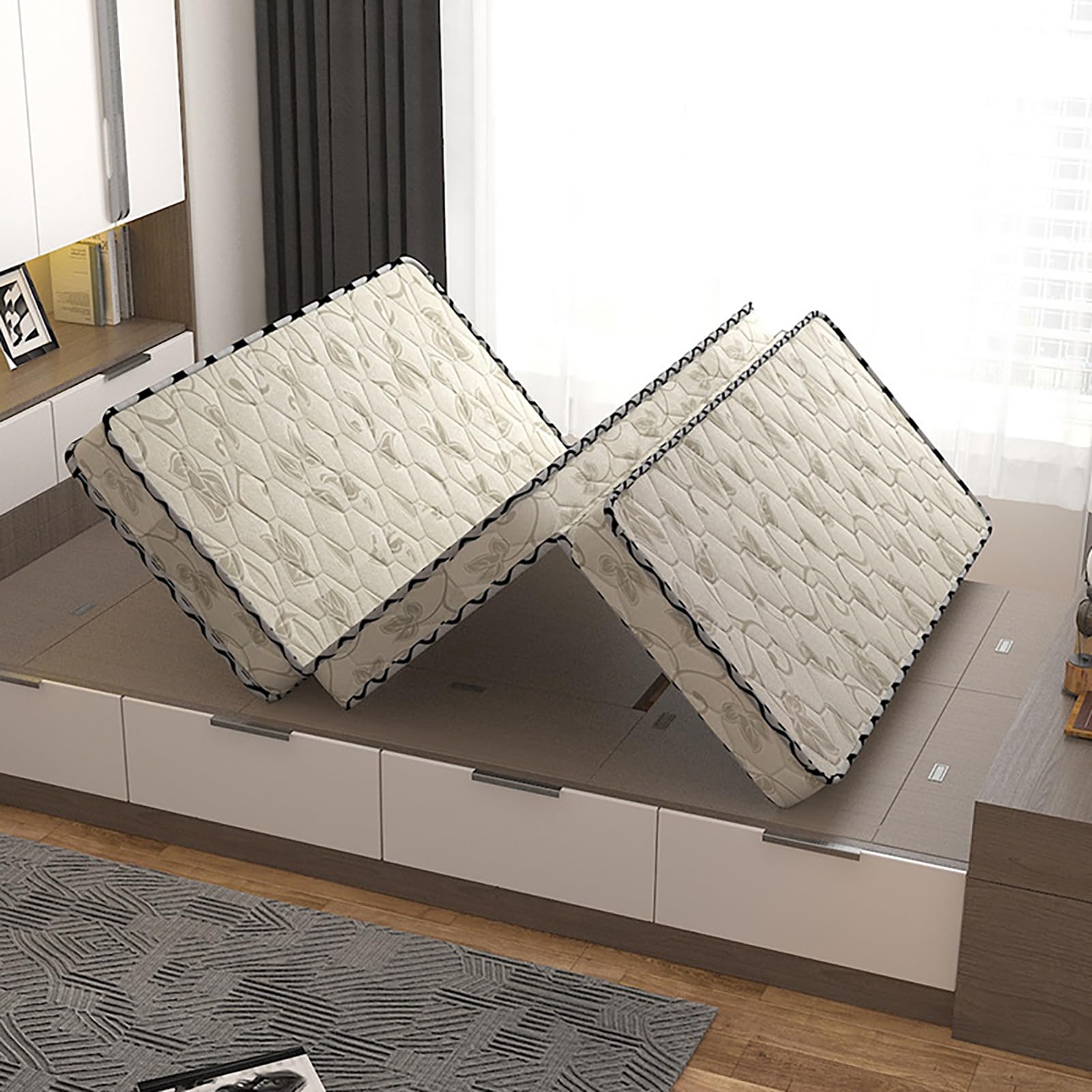 MSSHUANG Tri-fold Coir Mattress 8cm Single Mattress Tatami Mattress has Good air Permeability and is Easy to Store and Move,Ribbon Style,1.35x1.9m