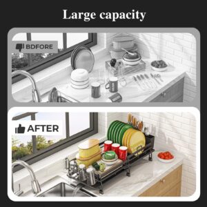 Famhap Large Dish Drying Rack - Extendable (22"-29" L) Dish Rack with Drainboard Set, Multifunctional Dish Rack for Kitchen Counter, Anti-Rust Drying Dish Rack with Cutlery & Cup Holders, Black