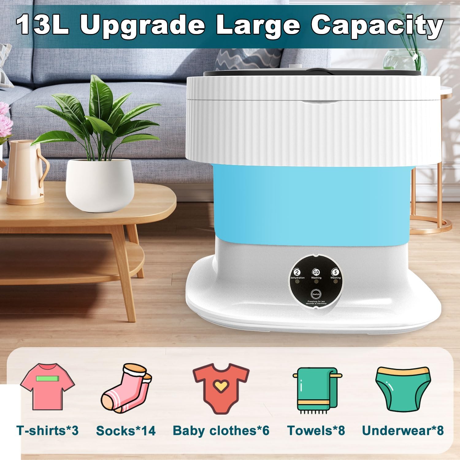 Portable Washing Machine, 13L Mini Foldable Small Washer with Spin Dry, 2 in 1 Portable Washing Machine Lavadora Deep Cleaning for Baby Clothes, Socks Apartments Dorm RV Camping Travel, Blue