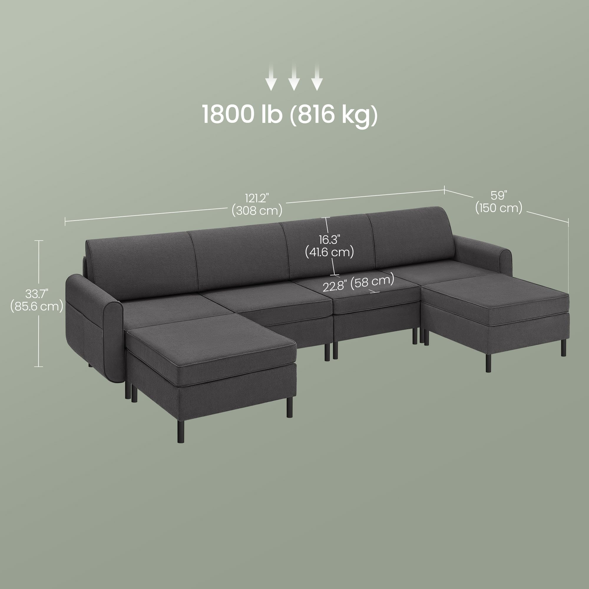 SONGMICS HOME Modular Sectional Sofa, Convertible 6-Seat U-Shaped Couch with Ottoman, Deep Seat, Sectional Couches for Living Room, Slate Gray ULCS064G01