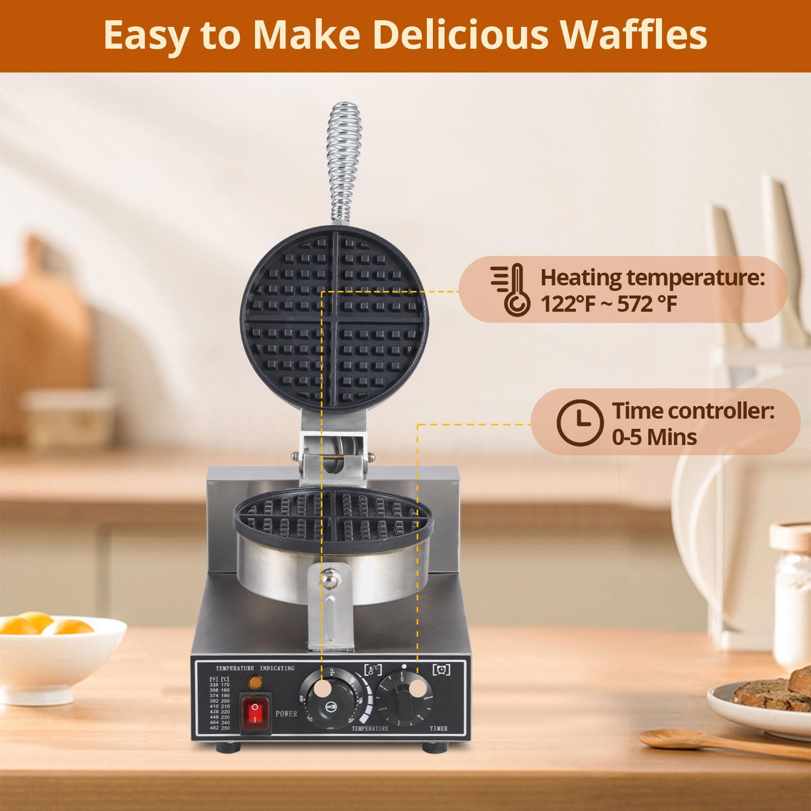 Towallmark 1300W Commercial Waffle Maker, Non-Stick Round Waffle Iron, Rotatable Waffle Baker Machine, Stainless Steel Round Commercial Waffle Maker for Restaurant, 50°C-300°C Temp Range, 110V