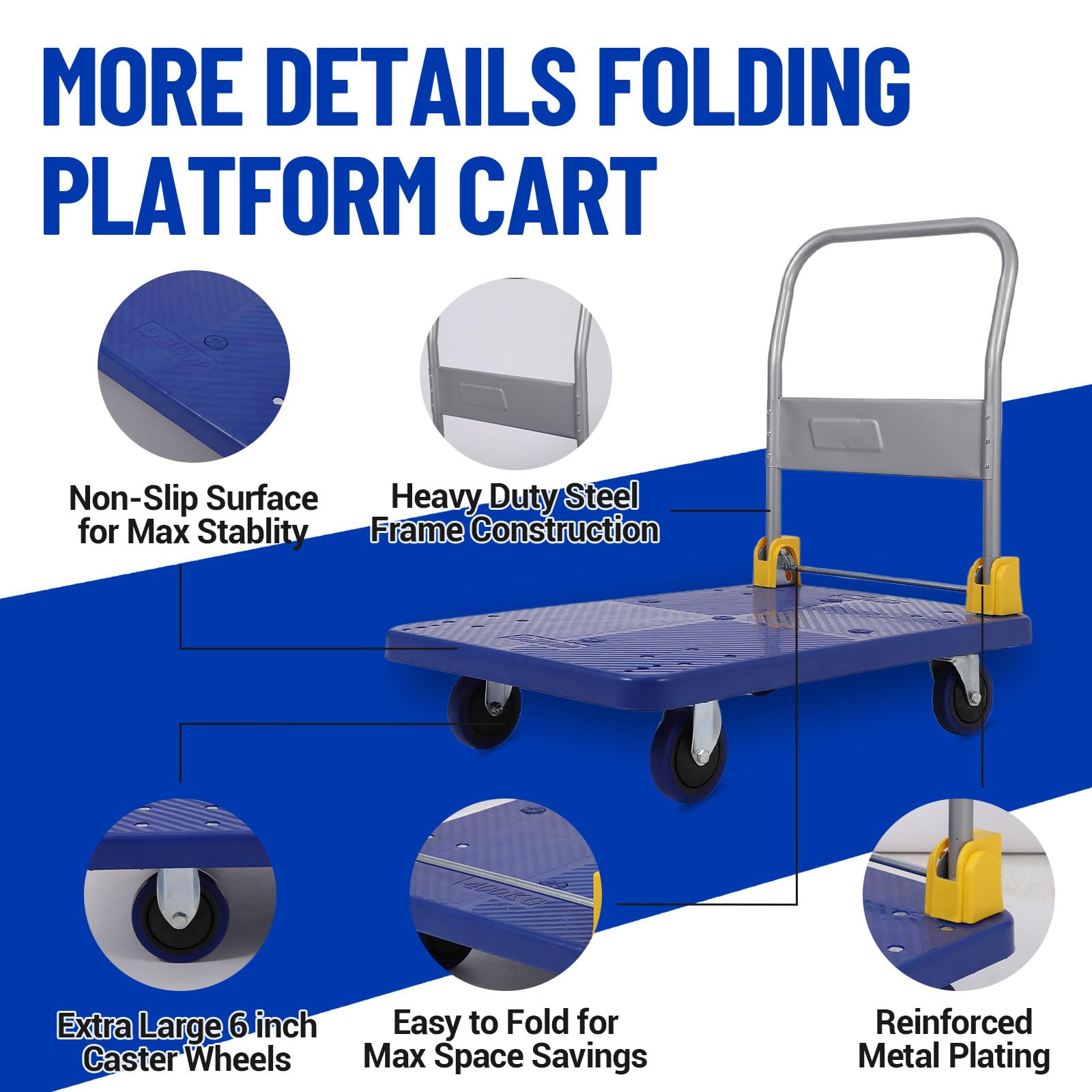 GarveeTech Platform Trucks Cart 2000LBS, Foldable Steel Hand Push Cart Dolly with 4" Rubber Wheels, Heavy Duty Flat Cart 48" x 24" for Loading and Moving, Home Office Warehouse