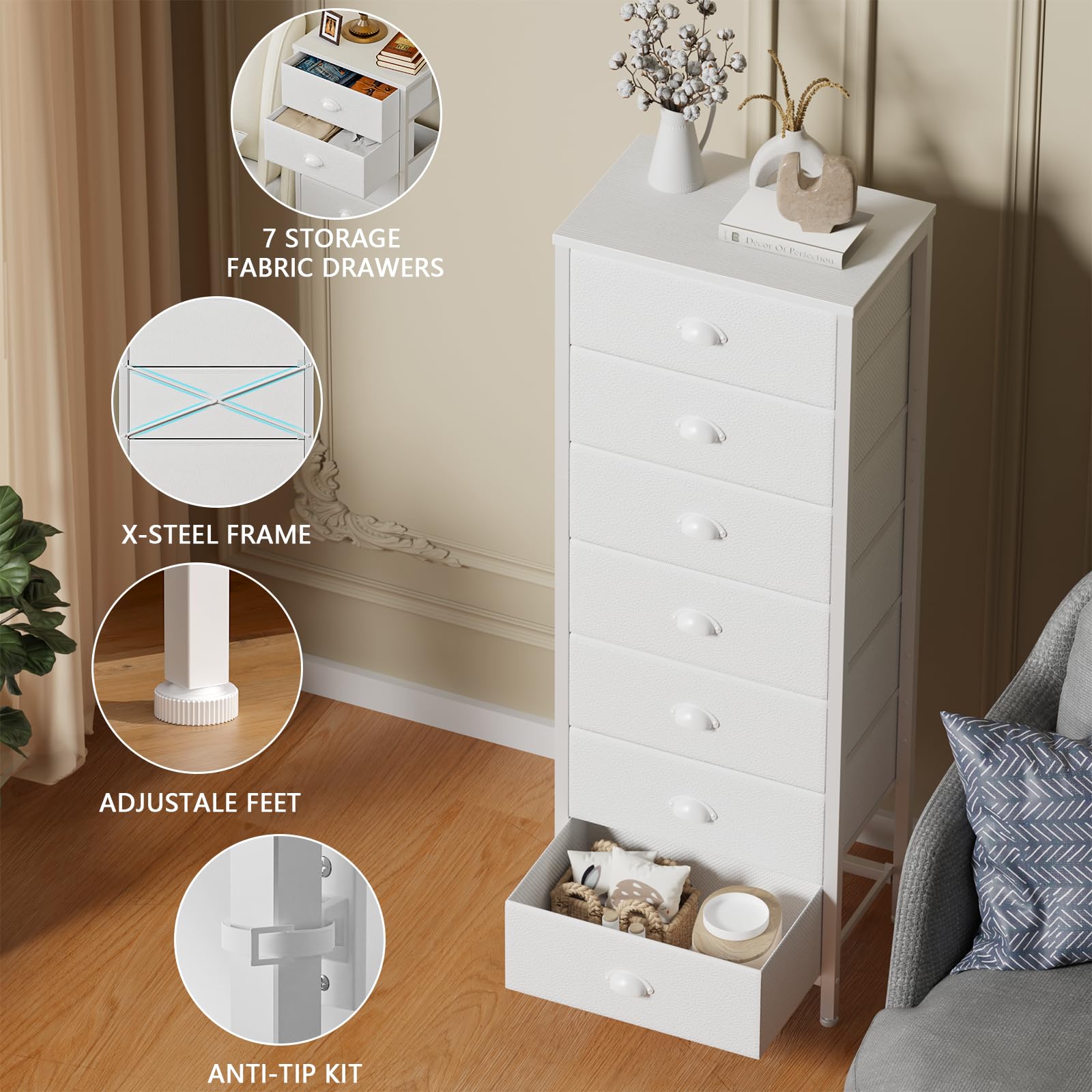 Furnulem White Tall Dresser for Bedroom with 7 Drawers, Vertical Chest of Drawers in Closet, End Table, Nightstand Storage Tower Unit Organizer with Fabric Bins for Dorm,Living Room,Entryway,Hallyway