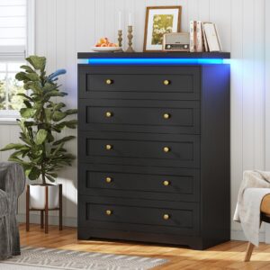 aogllati black dresser for bedroom,5 drawer dresser with led lights,modern led tall bedroom dresser with top floating design for bedroom hallway,black