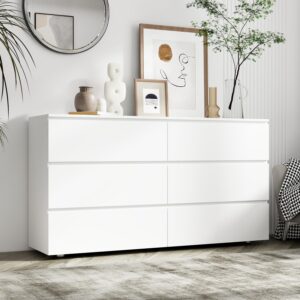 aiegle 6 drawer dresser for bedroom, white handle-free dresser chest with pop-out drawers, wood storage chest of drawers for bedroom organize (59" w x 15.7" d x 32.3" h)