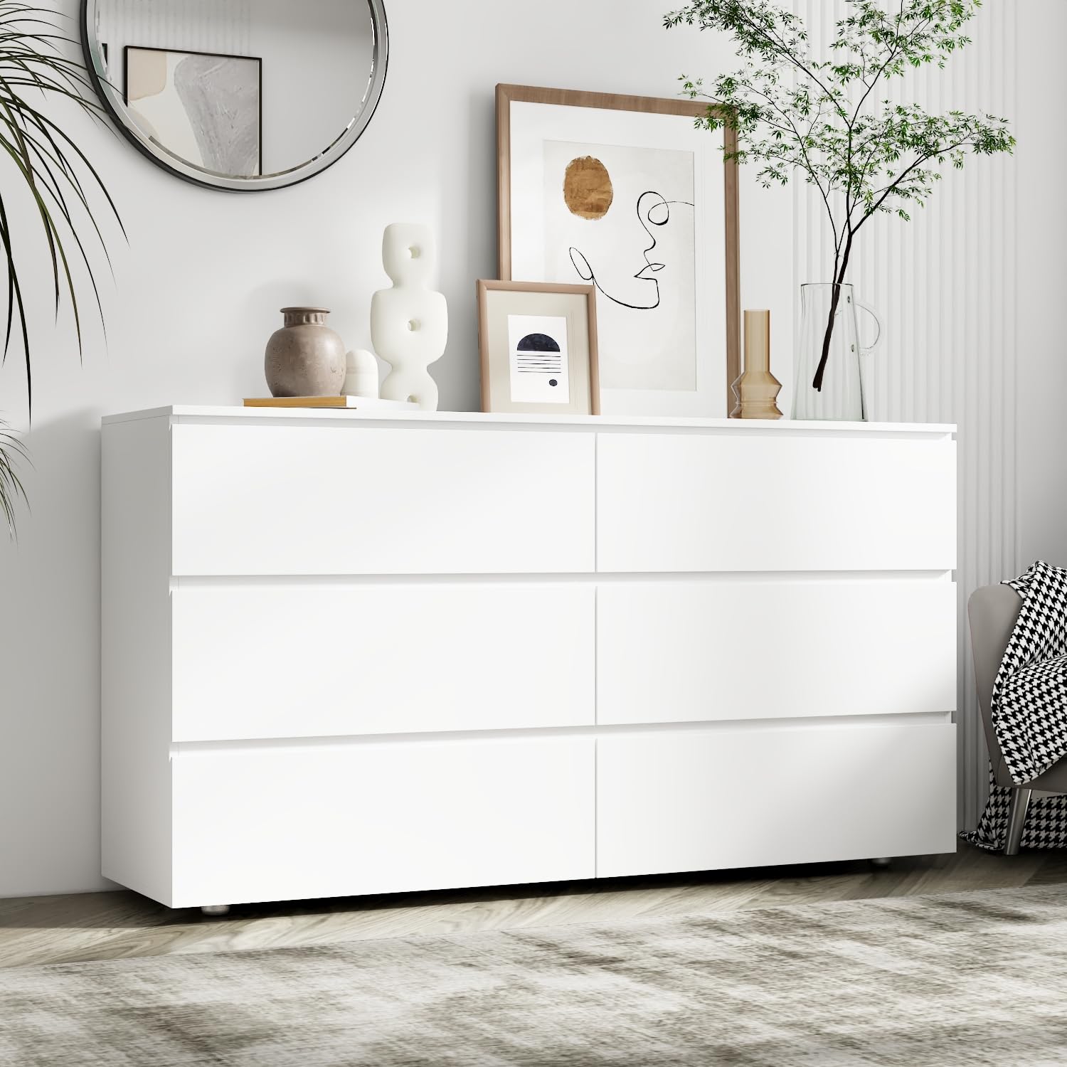 AIEGLE 6 Drawer Dresser for Bedroom, White Handle-Free Dresser Chest with Pop-Out Drawers, Wood Storage Chest of Drawers for Bedroom Organize (59" W x 15.7" D x 32.3" H)