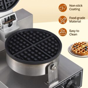 Towallmark 1300W Commercial Waffle Maker, Non-Stick Round Waffle Iron, Rotatable Waffle Baker Machine, Stainless Steel Round Commercial Waffle Maker for Restaurant, 50°C-300°C Temp Range, 110V