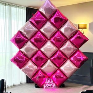 Magenta Pink Square Foil Balloon Wall/Rose Red Square Balloons/Double Sided Balloon Arch Garland Kit for photos/Anniversary Bachelorette Birthday Engagement Bridal Baby Shower Party Decorations